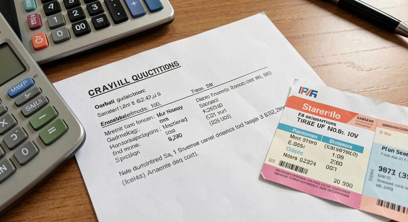 A printed travel quotation on a desk beside a calculator, a pen and a paper airline ticket.
