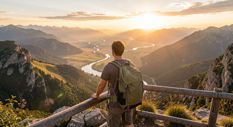 Un voyageur avec un sac à dos devant un large panorama au lever du soleil
