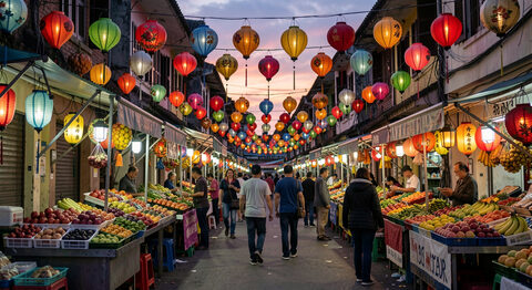 Un marché de rue au crépuscule avec des lanternes et des étals de fruits