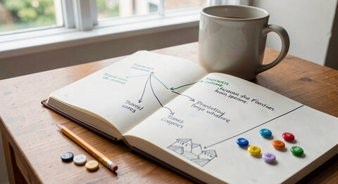 An open notebook showing a hand drawn travel route, with a pencil and coloured pins on a desk by a window.