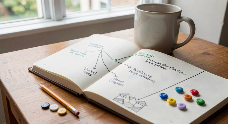 An open notebook showing a hand drawn travel route, with a pencil and coloured pins on a desk by a window.