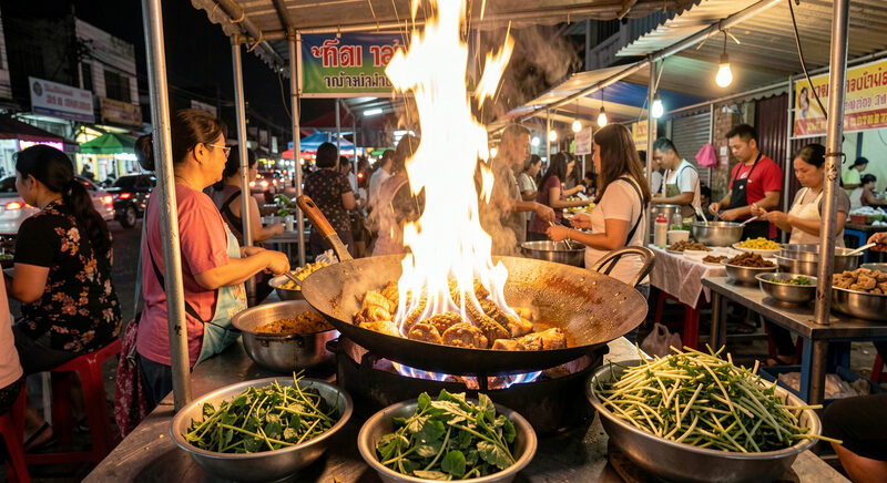 A night market food stall in Thailand with a wok over a high flame and bowls of fresh herbs in front.
