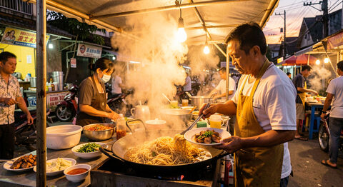 A street food stall at dusk in a warm country, steam rising from a pan while a cook plates noodles.