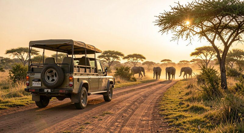 A safari vehicle stopped on a dirt track at golden hour while elephants cross the road ahead.