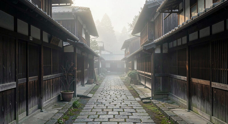 A quiet stone path between dark wooden houses in a Japanese village under morning mist.